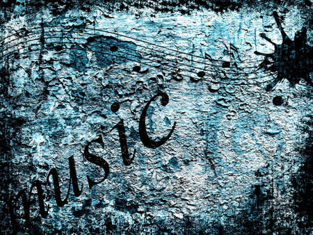 Abstract background in grunge style with scratches, marks and music elements in blue and black coloursの写真素材