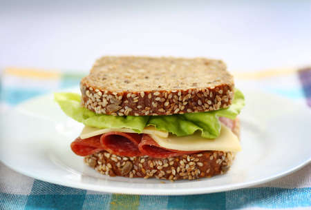 Sandwich made of healthy brown bread with seeds  lettuce italian salami and cheeseの写真素材