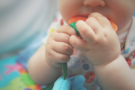 Close up of baby's hands holding on a toy and biting itの写真素材