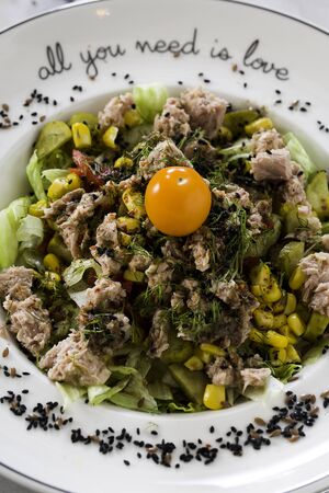 tuna fish salad in white dishの写真素材
