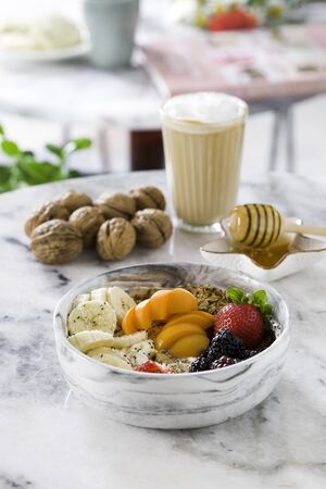 healthy breakfast with honey and coffee