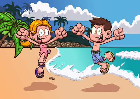 Cartoon Kids Enjoying Summer Vacation On Beach. Vector illustration with simple gradients.のイラスト素材