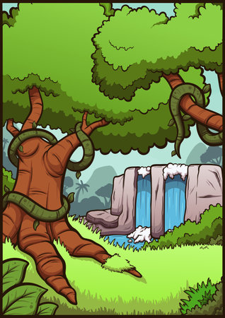Cartoon Jungle Background. Vector clip art illustration with simple gradients.のイラスト素材