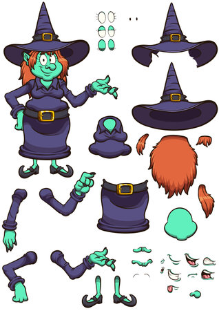 Cartoon Halloween Witch With Different Poses And Expressions. Vector illustration with simple gradients.のイラスト素材