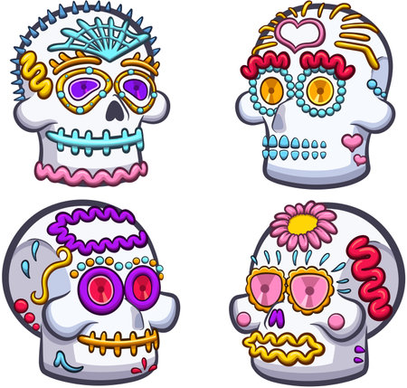 Cartoon Sugar Skulls. Vector illustration with simple gradients.のイラスト素材