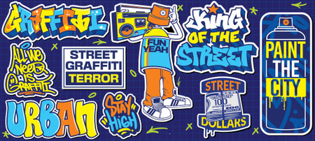 A set of colorful or vibrant graffiti art stickers. Street art theme, urban style for T-shirt design, graffiti design for wallpaper, wall art or print art designs.のイラスト素材