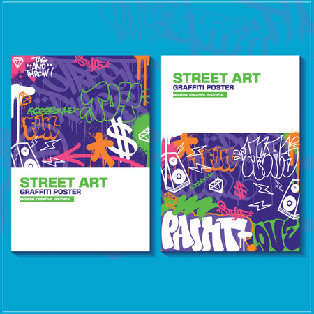 Modern graffiti art poster or flyer design with colorful tags, throw up. Hand-drawn abstract graffiti illustration vector in street art themeのイラスト素材