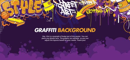 Graffiti background with throw-up and tagging hand-drawn style. Colorful street art graffiti urban theme for prints, banners, and textiles in vector format.のイラスト素材