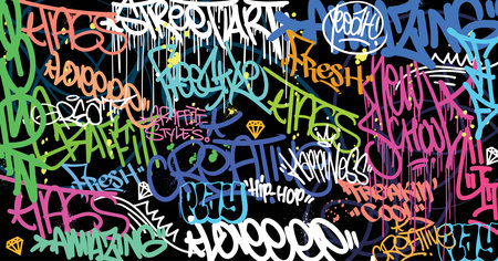 Abstract graffiti art background with scribble throw-up and tagging hand-drawn style. Street art graffiti urban theme for prints, patterns, banners, and textiles in vector format.のイラスト素材