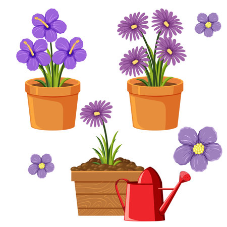 Set of spring flowers in pots on white background. vector illustration.のイラスト素材