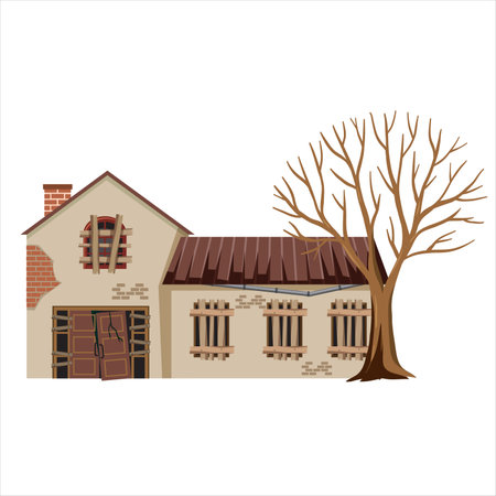 Old house with a broken window and a tree. vector illustration.のイラスト素材