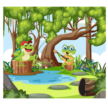 Frogs playing guitar in the jungle illustration vector on white backgroundのイラスト素材