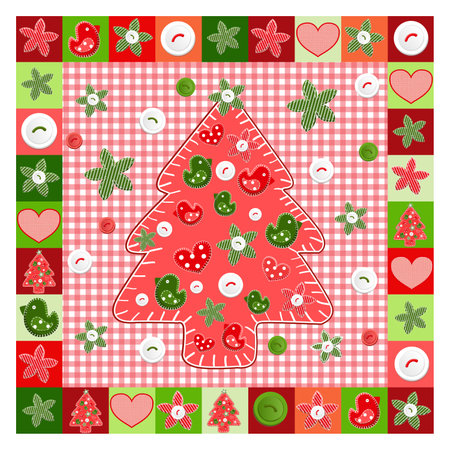 Christmas greeting card with christmas tree on checkered tableclothのイラスト素材