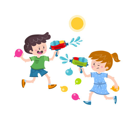 Cute little girl and boy playing with balloons, having fun, vector illustrationのイラスト素材
