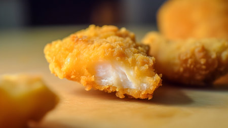 In the view of cut nuggets, the fried tasty chicken nuggets revealed their juicy and succulent interiors.の写真素材