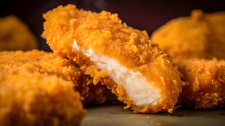 In the view of cut nuggets, the fried tasty chicken nuggets revealed their juicy and succulent interiors.の写真素材