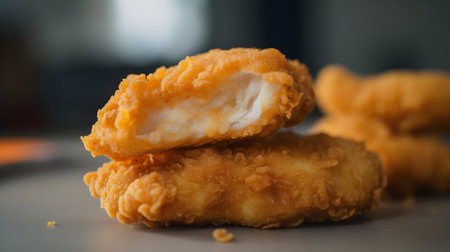 In the view of cut nuggets, the fried tasty chicken nuggets revealed their juicy and succulent interiors.の写真素材