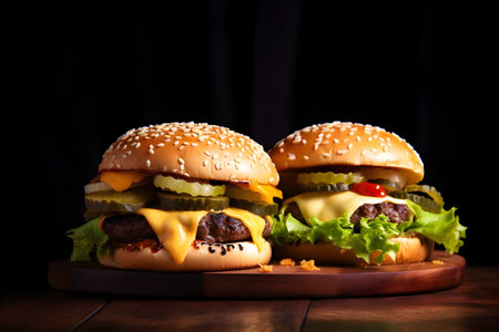 Two burgers with cheese, lettuce, sauce, and cucumber stylishly displayed on a wooden board against a black background, creating an enticing visual arrangement.の素材