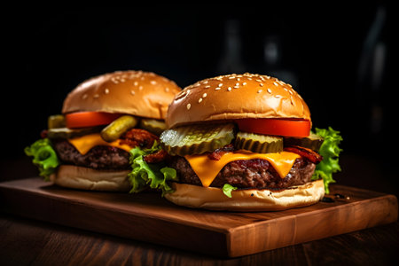 Two burgers with cheese, lettuce, bacon, cucumber, and tomato artfully arranged on a wooden board against a black background, creating a visually enticing composition.の素材