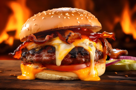 Juicy burger topped with creamy cheese, crisp, tangy sauce, smoky bacon, and ripe tomato, artfully arranged on a rustic wooden board.の素材
