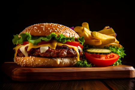 Burger with cheese, lettuce, sauce, and tomato presented on a wooden board against a black background, creating a visually appealing composition.の素材