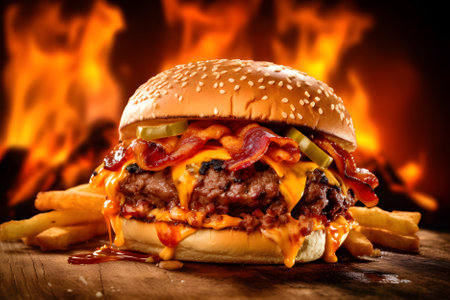A delicious burger with cheese, sauce, cucumber, and crispy bacon resting on a wooden board, while a mesmerizing fire flickers in the background, adding inviting atmosphere.の素材