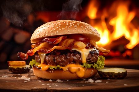Savor the delightful combination of a cheese-topped burger with tangy sauce, savory bacon juicy tomato on a wooden board while the mesmerizing flames flicker in the background.の素材