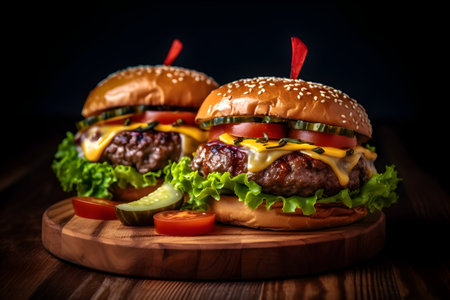 Two burgers with cheese, lettuce, sauce, tomato, and cucumber elegantly displayed on a wooden board against a black background, forming a visually appealing composition.の素材
