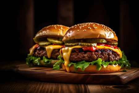 Two burgers with cheese, lettuce, sauce, cucumber, and tomato tastefully displayed on a wooden board against a black background, forming an appetizing and appealing arrangement.の素材