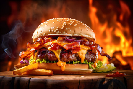 Satisfying burger featuring melty cheese, fresh lettuce, flavorful sauce, crispy bacon, and savory onion, all nestled on a rustic wooden board.の素材