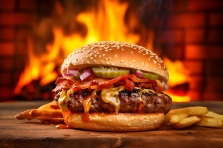 Savory burger with melted cheese, flavorful sauce, crispy bacon, tangy onions, and refreshing cucumber, elegantly arranged on a wooden board.の素材