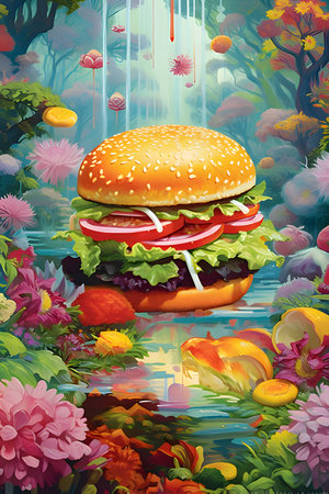 Illustration: A mouthwatering hamburger is showcased against a backdrop of vibrant blooming flowers, creating a delightful fusion of nature and food.の写真素材
