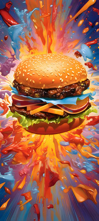 Illustration: A vintage-style hamburger with expressive details and retro charm, capturing the essence of classic flavors in an artistic way.の写真素材