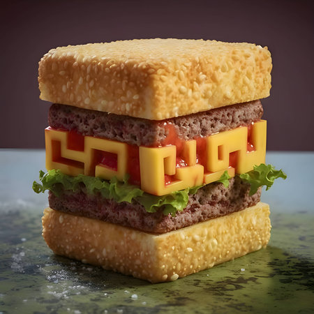 Abstract illustration: A square burger adorned with intriguing hieroglyphics, creating an enigmatic and captivating visual composition.の写真素材
