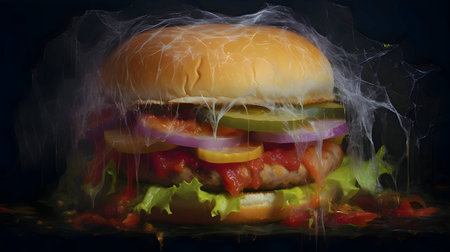 An eerie sight: an old hamburger, long forgotten, now wrapped in dusty cobwebs, telling tales of time gone by.の写真素材