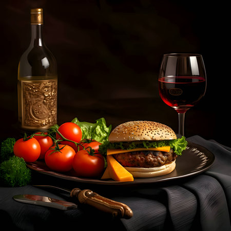 Hamburger on an elegant plate with cheese, tomatoes, and wine, creating a perfect combination of flavors and presentation.の写真素材