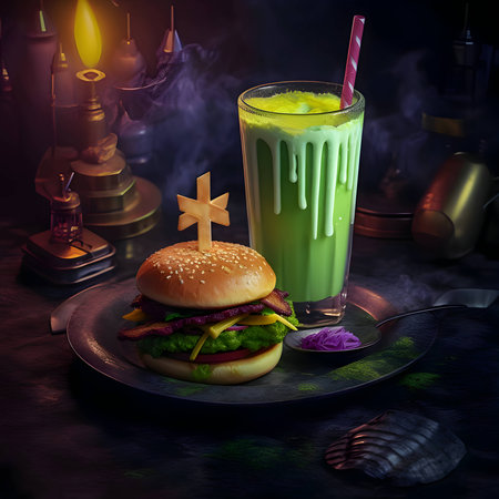 Abstract illustration: A captivating dark atmosphere surrounds a delicious burger and a refreshing shake, enticingly presented on a plate.の写真素材