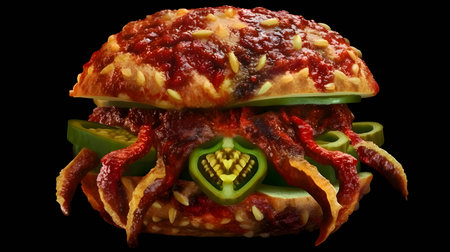 Experience the unique blend of flavors with an octopus burger seasoned generously with hot sauce, delivering a spicy and tantalizing culinary adventure.の写真素材