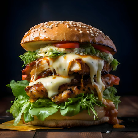 A substantial hamburger featuring cheese, tomato, cucumber, and radish, placed on a table with a vibrant vegetable-themed background.の写真素材