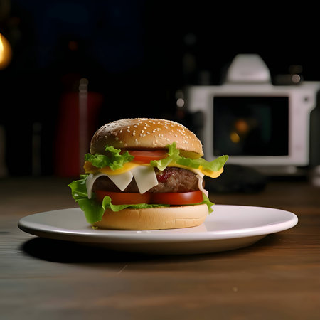 A succulent hamburger adorned with ripe tomato, crisp lettuce, and melted cheese, presented elegantly on a pristine white plate.の写真素材