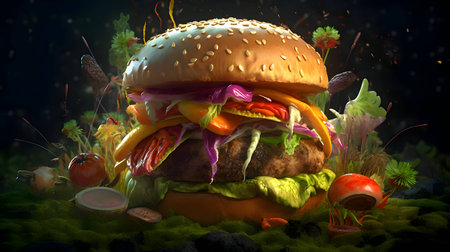 Abstract illustration showcasing a hamburger amidst a serene nature backdrop, blending gastronomy with the beauty of the natural world.の写真素材