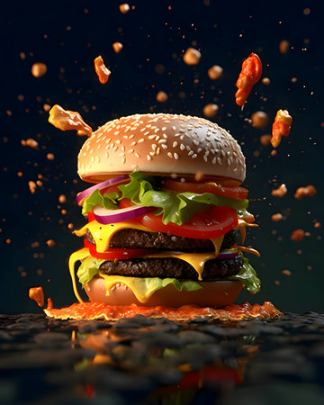 A delicious multi-layered burger with crisp lettuce, melted cheese, juicy tomato, and savory onion, showcased on a dark background.の写真素材