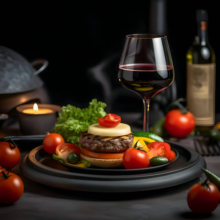 Hamburger on an elegant plate with cheese, tomatoes, and wine, creating a perfect combination of flavors and presentation.の写真素材