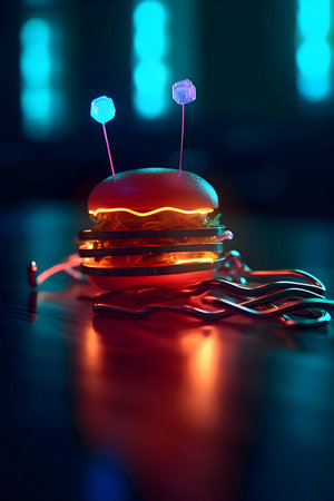 A futuristic neon hamburger illuminating the dark background, showcasing a modern twist on a classic favorite.の写真素材