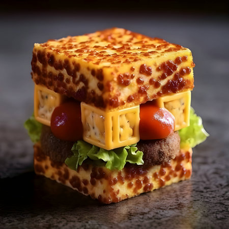 Abstract illustration: A square burger adorned with intriguing hieroglyphics, creating an enigmatic and captivating visual composition.の写真素材