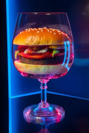 An abstract representation of a hamburger captured within a glass, creating a unique visual composition.の写真素材