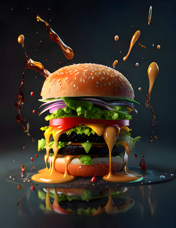 A delicious multi-layered burger with crisp lettuce, melted cheese, juicy tomato, and savory onion, showcased on a dark background.の写真素材