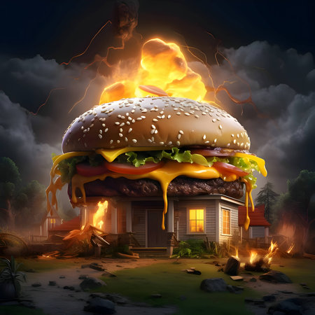 An illustration of a hamburger shaped like a house. A unique twist on a classic, showcasing creativity and imagination.の写真素材