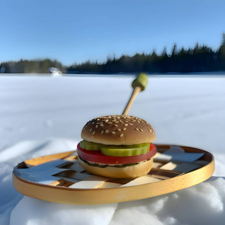 Experience the magic of winter with a delightful hamburger surrounded by a snowy ambiance.の写真素材