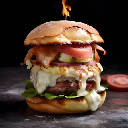 A delicious hamburger with cheese, cucumber, and tomato, beautifully presented on a black background.の写真素材